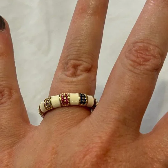 Gemstone Gold & White Enamel Band Ring - Picture 4 of 6